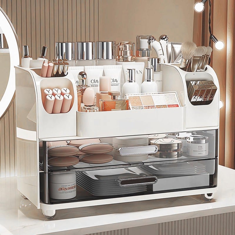 Makeup Organizer with Drawers for VanityBathroom Countertop Organizer with Brushes HolderSkincare Storage OrganizerPerfect Cosmetic Display Case for SkincareLipstick and Beauty Essential White
